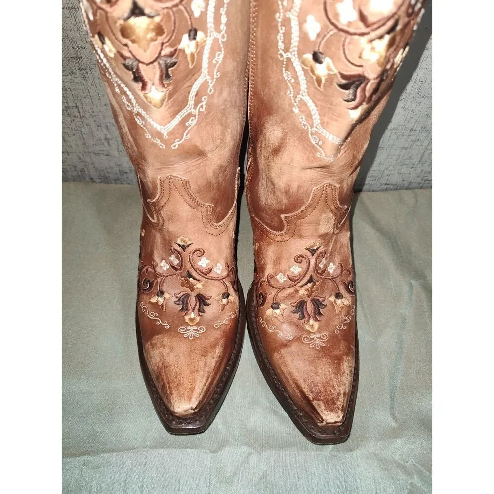 Dan Post Jilted Knee High Flower Embroidery Western Boots Sz 8.5M